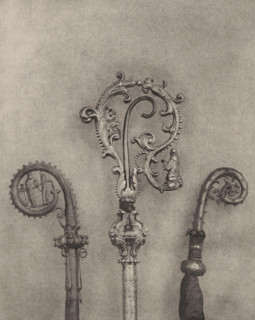 Three decorated episcopal staffs, displayed at an exhibition of religious objects from the Middle