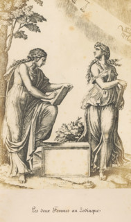 Les deux Femmes au Zodiaque, Photo reproduction of an engraving of two young women with a zodiac in