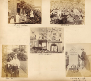 Various subjects, album page, photograph, Group portrait at a house at 45 Rue d'Elbeuf in Rouen, a