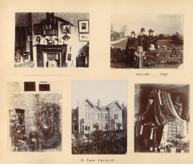 Various subjects, album page, photograph, Interior of a home, a family portrait in Arnside, two
