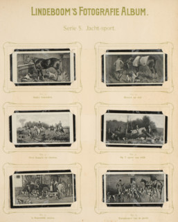 Six reproductions of drawings of horses and dogs during a hunt, Hunting sport, album page,