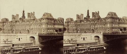 City Hall of Paris seen across the Seine, stereograph, inscription: 'Banselin optician Ft. 14. R.