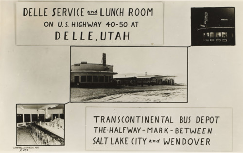 Advertisement for a bus station and lunchroom, picture postcard, inscription: 'DELLE SERVICE and