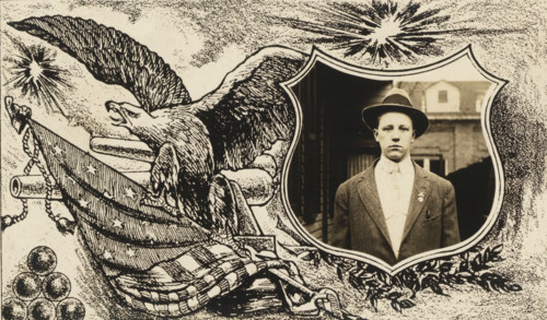 Photo portrait of a young man framed by a drawn representation of an eagle, an American flag, a