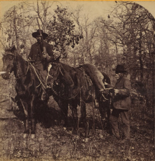 In the Boschveld, Two men on horseback with a shot hartebeest in South Africa, Faces and landscapes