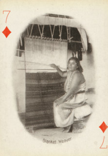 Blanket Weaver, Seven of Diamonds with woman at loom weaving a blanket, photograph, playing card,
