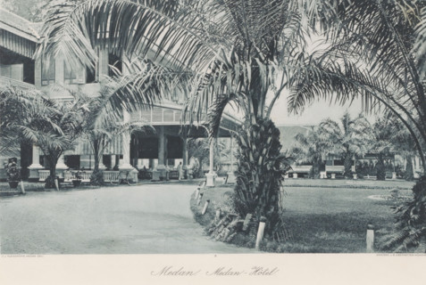 Medan. Medan Hotel, Garden and veranda of the Medan Hotel, photomechanical print, Part of Album