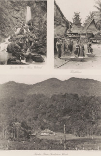 Waterfall (top left), Batak village with skull house (top right) and sanatorium (bottom) in