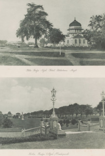 View of the Kota Radja Aceh Hotel, the so-called Köhlerboom and the Baiturrahman Mosque (above) and
