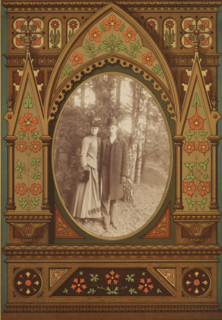 Portrait of a man and a woman in a forest, album page, photograph, cabinet photograph, This photo