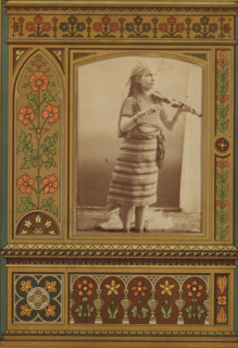 Portrait of a girl playing the violin, album page, photograph, cabinet photograph, This photo is