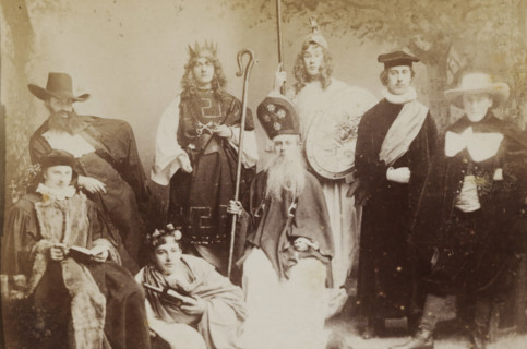 Group portrait of students in costume, album page, photograph, carte-de-visite, This photo is part