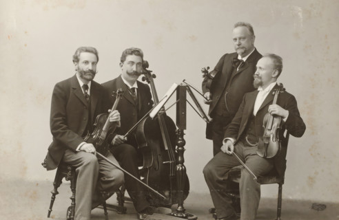 Group portrait of a string quartet, album page, photograph, cabinet photograph, This photo is part