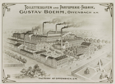 Photo reproduction of (presumably) a print of Gustav Boehm's soap and perfume factory in Offenbach