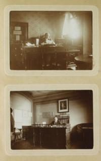 Portrait of a man reading behind a desk in a room in Germany, photograph, Part of Photo album of