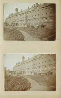 Exterior of Oslebshausen prison with workers by carts, photograph, Part of Photo album of Carl
