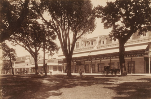 Street view with ice cream shop and Family Hotel in Port of Spain, album page, photograph, This