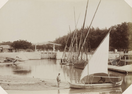 Sailing ships at a Suez Canal lock, Suez Canal, photograph, Part of Album with 191 photos of a