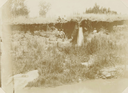 Near Pretoria, Europeans with a dog next to a waterfall near Pretoria, photograph, Part of Album