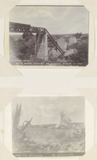 Vet River Bridge. Train brings dynamite to blow up the last pillar., Partially blown-up railway