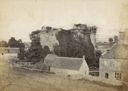 Nunney Castle Somerset, View of Nunney Castle and the surrounding buildings, photograph, Part of an
