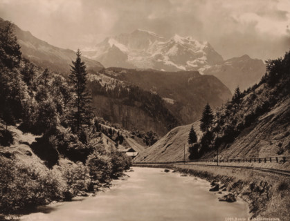 Route to Lauterbrunnen., Mountain landscape with the railway from Interlaken to Lauterbrunnen,