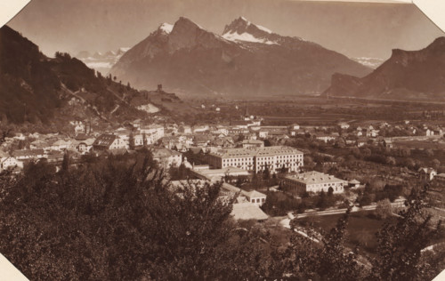 View of Ragaz, View of Bad Ragaz with mountains in the background, album page, photograph, This