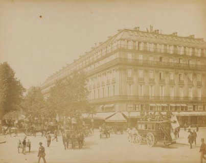 View of the Boulevard des Capucines with horse-drawn trams and the Grand Hotel in Paris,