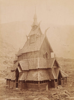 View of the Borgund Stave Church in Norway, photograph, inscription: 'Norge, Borgundskirke i