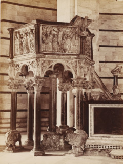 Pulpit in the Baptistery of Pisa, Italy, photograph, address: 'GIACOMO BROGI, PHOTOGRAPHEDITORE,