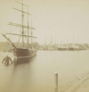 View of a city and a harbor with a ship in the foreground, Hollande, stereograph, Netherlands, 1873