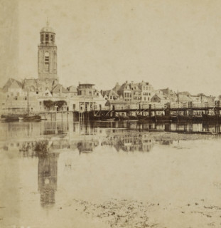 Deventer, View of the IJssel, the pontoon bridge and the Grote or Lebuïnus Church in Deventer,