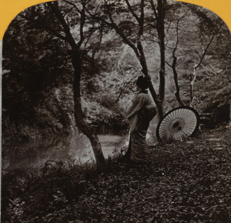 Woman with parasol in forest setting, Japan, stereograph, 1890 - 1910, photographer, paper,