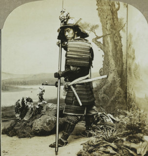 Ancient warrior costume of the Japanese. Japan, Japanese soldier in traditional dress, stereograph,