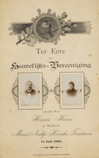 Lyrics with miniature portraits of the couple Herman Harms and Maria Neeltje Henrika Frautwein, on