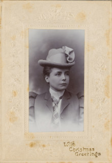 Christmas greeting with portrait of an unknown woman with a hat, photograph, Christmas card,