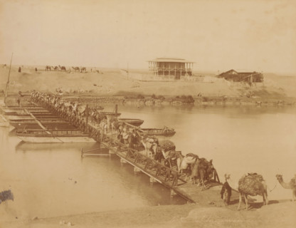 Caravan with camels or dromedaries on a pontoon bridge, Pont des caravannes de la ..., photograph,