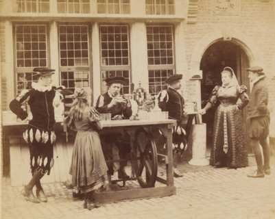 People in theatrical costumes for the occasion of the 1894 World's Fair in Antwerp, Belgium,