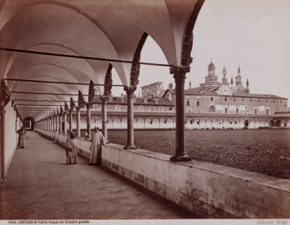 Veduta del Chiostro grande, Monastery with three monks in Pavia, Italy, Certosa di Pavia,