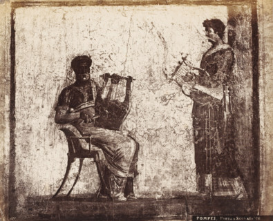 Poeta e Suonatrice, Photographic reproduction of a fresco depicting two people playing a lyre,