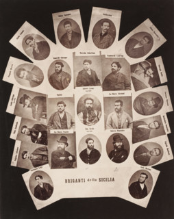 Collage with 23 portraits of Sicilian bandits, Briganti della Sicilia, photocollage, inscription: