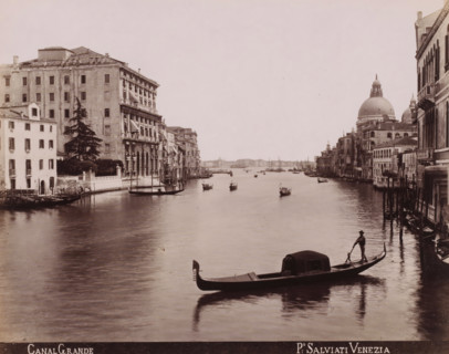 Canal Grande, Gondolas and sailing ships on the Grand Canal in Venice, photograph, inscription: