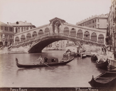Gondolas on the Grand Canal in front of the Rialto Bridge in Venice, Ponte di Rialto, photograph,