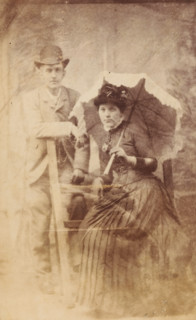 Portrait of an unknown woman with parasol and an unknown man, photograph, carte-de-visite, 1851 -