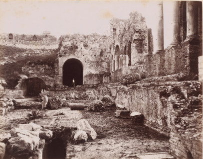 Ruin of the Teatro Greco in Taormina, Italy, Teatro Greco, Taormina, photograph, inscription: