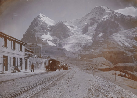 Wengernalp with Eiger and Mönch, View of a railway track in Wengen at the foot of the Eiger and the