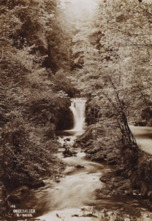Waterfall with standing boy, photograph, date: '1903', inscription: '148., Gust. Salzer, B.-Baden