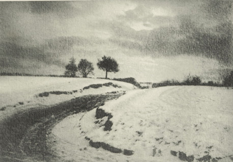 Landscape with country road in winter, Une route de campaign en hiver, photomechanical print,