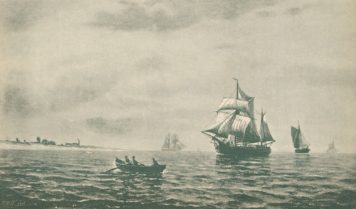 Reproduction of a painting of a seascape with ships off the coast, reproduction, page,