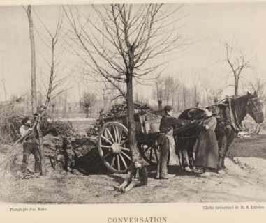 Conversation, People talking near a horse-and-cart, page, photomechanical print, inscription: